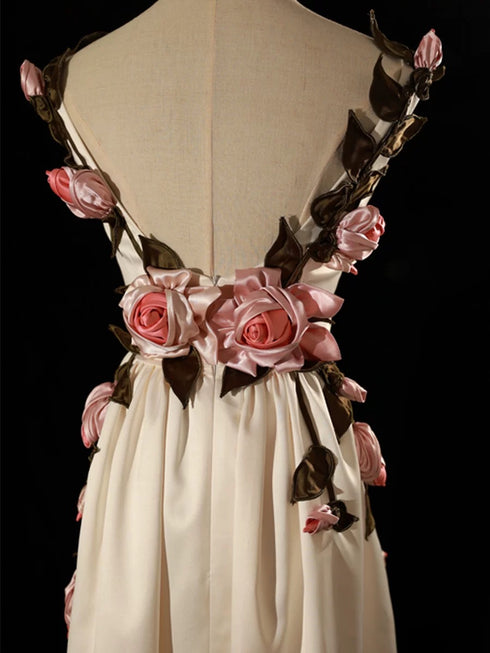 Ivory Floral Embellished Evening Gown - Aline Sleeveless Dress with Pink Floral Accents Plus Size